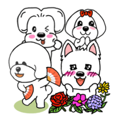 [LINEスタンプ] Four little white puppies' lifestyle.